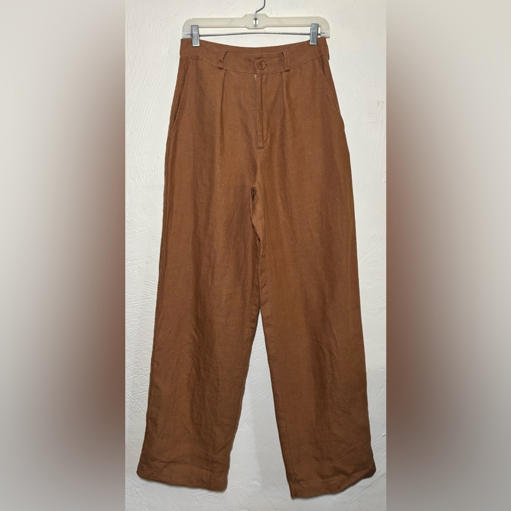 OZMA Wide Leg Linen Trousers in Warm Brown